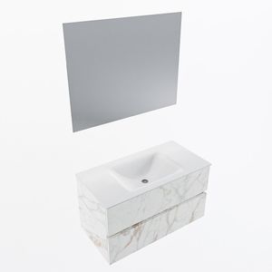 MONDIAZ VICA 90cm badmeubel onderkast Carrara 2 lades. Wastafel CLOUD midden zonder kraangat, kleur Talc met spiegel LED.