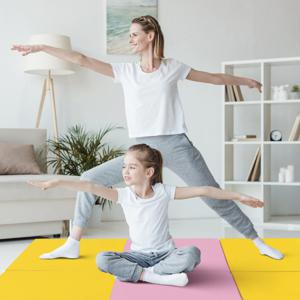 3-Delige Opvouwbare Oefenmat Antislip Gymnastiekmat Lichtgewicht Draagbaar met 2 Handgrepen 3-Zijdig Klittenband Geel + Roze