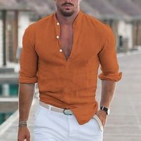 Voor heren linnen overhemd Popover-shirt Normaal shirt Overhemd met bandkraag Zwart Wit Lichtgroen Blozend Roze Lange mouw Effen Kraag Lente zomer Casual Hawaii Kleding Lightinthebox - thumbnail