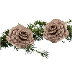 2x stuks kerstboom decoratie bloemen op clip champagne glitter 18 cm