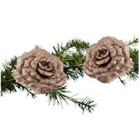 2x stuks kerstboom decoratie bloemen op clip champagne glitter 18 cm - thumbnail