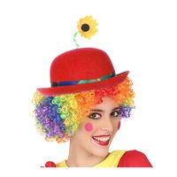 Clown verkleed set gekleurde pruik met bolhoed rood met bloem - thumbnail