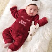 Baby Girl Fluffy Pink Letter Sweatshirt and Pants 2pc Outfit Set Burgundy / 1-3M