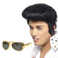 Rock and Roll ster Elvis verkleed set - herenpruik zwart met kuif - en bril goud montuur