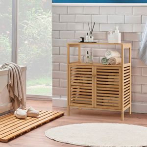Badkamerkast Vrijstaand Bamboe Planchet met Open Planchet Vloerkast voor Badkamer Woonkamer Keuken 64 x 27,5 x 80 cm Natuur
