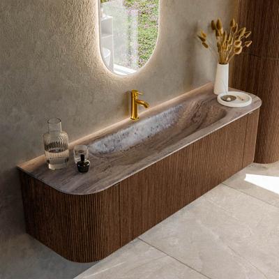 Badmeubel Mondiaz Kurve-Dlux | 160 cm | Meubelkleur Walnut | Wastafelkleur Oza | Solid surface | Wasbak midden spoelbak | 1 kraangat
