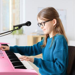 61-Toetsen Elektronisch Toetsenbord met Microfoon Draagbaar Kinder Leer Toetsenbord met Muziek Standaard LED Scherm Roze