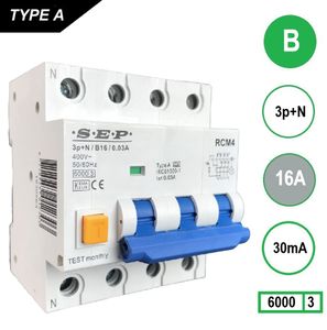 16A 30mA Aardlekautomaat 3 polig+nul B16 6kA RCM4 SEP