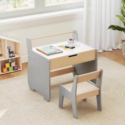 3 in 1 Houten Kinderzitgroep met Draaiende & Afneembare Tafelblad Kinder Tafel met Stoel Grijs