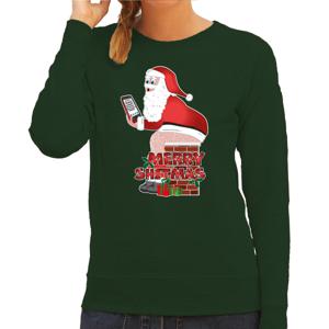 Foute Kersttrui/sweater voor dames - Merry Shitmas - groen - kerstman op de WC