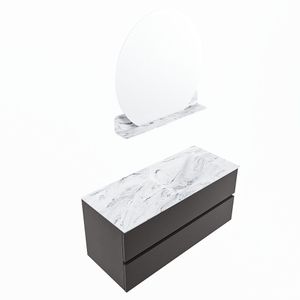 MONDIAZ VICA-DLUX 110cm badmeubel onderkast Dark grey 2 lades. Inbouw wastafel CLOUD rechts zonder kraangat, kleur Glace, en spiegel model SPOT