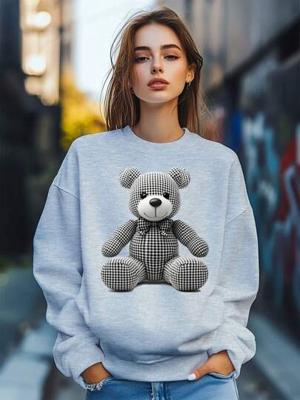 Bon&Bon Women's Teddy Bear Plaid Print Sweatshirt - Loose Crew Neck Pullover Grey / S