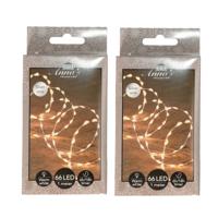 Draadverlichting lichtsnoer - 2x - 66 led lampjes - warm wit - zilver draad - 100 cm - lichtdraad
