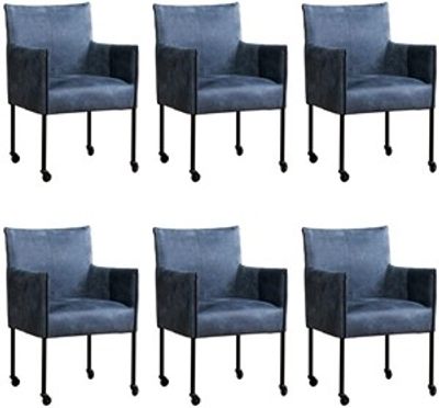 Set van 6 Blauwe leren moderne kuipstoel More - poot rond zwart met wiel - Kenia Leer Denim (blauw leer)
