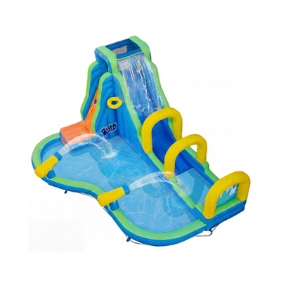 Opblaasbaar Waterglijbanenpark met een Klimwand een Watertrampoline Basketbalringen een Waterspeelbad en Waterkanonnen