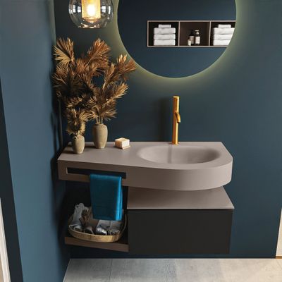 MONDIAZ RIVA 100cm badmeubel onderkast / planchet kleur Urban met 1 lade. Wastafel DULCET rechts 1 kraangat kleur Smoke.