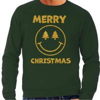 Foute Kersttrui/sweater voor heren - Merry Christmas - Smile Emoticon - groen - glitter goud