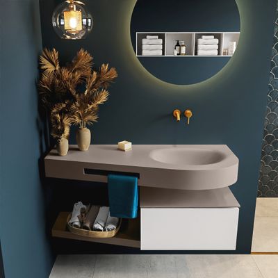 MONDIAZ RIVA 120cm badmeubel onderkast / planchet kleur Talc met 1 lade. Wastafel DULCET rechts 0 kraangaten kleur Smoke. MONDIAZ RIVA 120cm badmeubel onderkast / planchet kleur Talc met 1 lade. Wastafel DULCET rechts 0 kraangaten kleur Smoke.