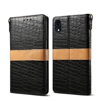 Splicing kleur krokodil textuur PU horizontale Flip lederen case voor de iPhone XR met portemonnee & houder & card slots & Lanyard (zwart)