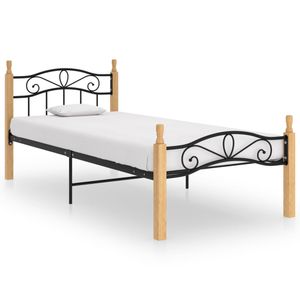 Bedframe metaal en massief eikenhout zwart 90x200 cm