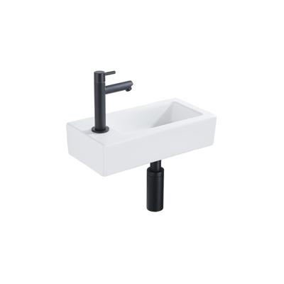 QeramiQ Fuente Fonteinset - 37.5x18.5x9cm - keramiek - kraangat links - fonteinkraan zwart mat - afvoerplug - verlaagd sifon - Mat wit SW1122450/SW696205/SW696215/SW696235