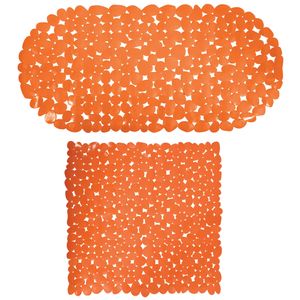 MSV Douche/bad anti-slip matten set badkamer - pvc - 2x stuks - oranje - 2 formaten - Badmatjes