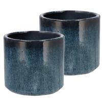 DK Design Bloempot rond model Blue Glaze - 2x - blauw - D14 x H15 cm - ombre