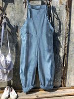 Vintage Black Gray Linen Stripes Pants Romper Jumpsuits - thumbnail