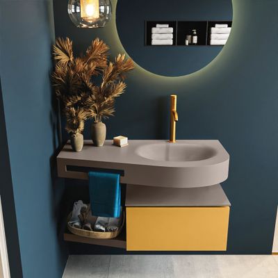 MONDIAZ RIVA 100cm badmeubel onderkast / planchet kleur Ocher met 1 lade. Wastafel DULCET rechts 1 kraangat kleur Smoke.