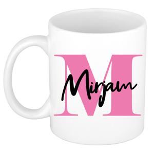 Naam mok Mirjam - roze - wit - keramiek - 300 ml - verjaardag/cadeau beker