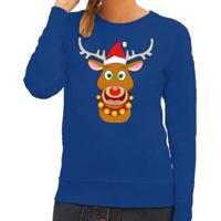 Foute kersttrui - sweater - Rudolf het rendier met rode kerstmuts - blauw - dames - Kersttruien