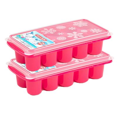 2x stuks Trays met dikke ronde blokken ijsblokjes/ijsklontjes vormpjes 10 vakjes kunststof roze