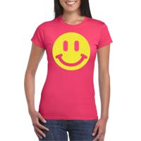 Verkleed T-shirt voor dames - smiley - roze - carnaval/foute party - feestkleding - thumbnail