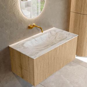 Badmeubel Mondiaz Kurve-Dlux | 90 cm | Meubelkleur Oak | Wastafelkleur Glace | Solid surface | Midden spoelbak | Zonder kraangat(en)