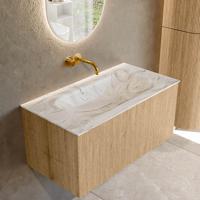 Badmeubel Mondiaz Kurve-Dlux | 90 cm | Meubelkleur Oak | Wastafelkleur Glace | Solid surface | Midden spoelbak | Zonder kraangat(en) Badmeubel Mondiaz Kurve-Dlux | 90 cm | Meubelkleur Oak | Wastafelkleur Glace | Solid surface | Midden spoelbak | Zonder kraangat(en)