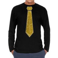 Verkleed shirt voor heren - stropdas glitter goud - zwart - carnaval - foute party - longsleeve