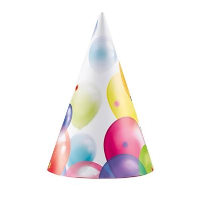 Feesthoedjes - 8x stuks - karton - met ballonnen opdruk - verjaardag
