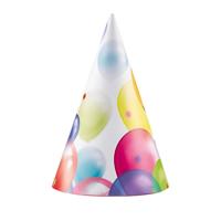 Feesthoedjes - 8x stuks - karton - met ballonnen opdruk - verjaardag