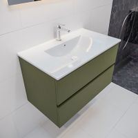 Mondiaz Vica Denia badmeubel groen mat 80 cm 2 lades keramiek enkele spoelbak midden 1 kraangat