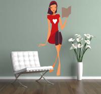 Sticker zittende dame rood kleedje met wit hart - thumbnail