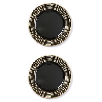 2x stuks diner borden/onderborden zwart met gouden steentjes 33 cm