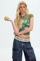 Gestreept T-shirt met margriet - GREEN - XL