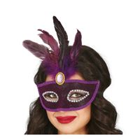 Verkleed oogmasker Venitiaans - paars met veren - volwassenen - Carnaval/gemaskerd bal   - - thumbnail