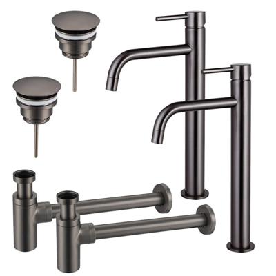 Fortifura Calvi Slim Wastafelkraanset - voor dubbele wastafel - verhoogde wastafelkraan - always open plug - design sifon - Geborsteld Gunmetal PVD 2x SW766539/2x SW769487/2x SW767297