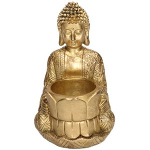 Decoratie boeddha beeldje met theelichthouder goud zittend 14 cm   -