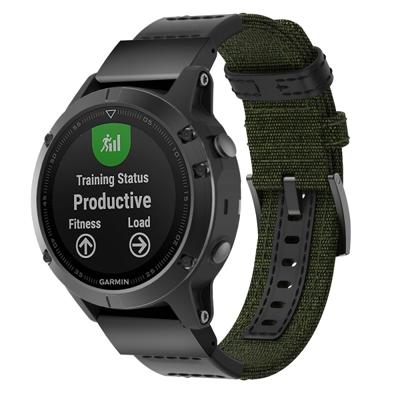 Canvas en lederen polsband horlogeband voor Garmin Fenix5 Plus polsband grootte: 150 + 110mm (Army Green)