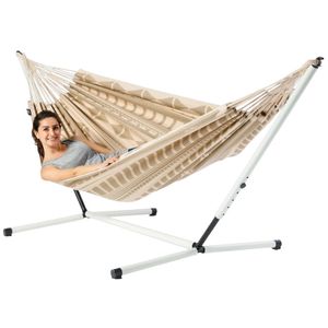 Eenpersoons hangmat met metalen standaard - 300x140cm - Bruin - 120kg draagkracht- 100% katoen - binnen & buiten