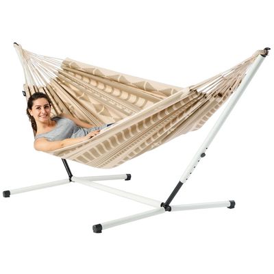 Tweepersoons hangmat met metalen standaard - 350x160cm - Bruin - 160kg draagkracht- 100% katoen - binnen & buiten