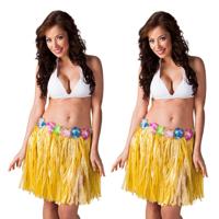 Hawaii verkleed rokje - 2x - voor volwassenen - geel - 45 cm - rieten hoela rokje - tropisch