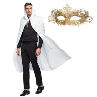 Gemaskerd bal/Halloween verkleedkleding - Met oogmasker in goud - Lange witte mantel met capuchon Gemaskerd bal/Halloween verkleedkleding - Met oogmasker in goud - Lange witte mantel met capuchon